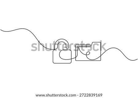 Continuous line art of an open padlock and data folder for security concept