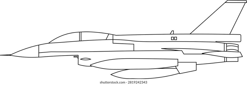 Continuous line art outline vector of a Lockheed Martin F-16C Barak fighter jet on a white background. Fighter Jet side view vector drawing.