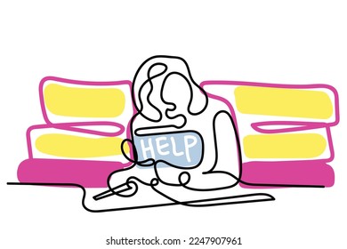 Continuous line art of over worked woman in corporate. Cyber bullying concept. Isolated art of a girl worried and frustrated.
