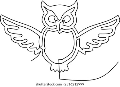 Continuous line art of an owl with wings spread wide, symbolizing wisdom and night. Perfect for educational materials, logos, or decorative designs