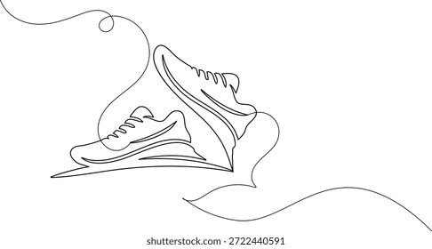 Arte de línea continua de un par de zapatillas de deporte flotando en el boceto de movimiento dinámico