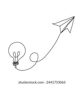 Arte de línea continua, avión de papel volando conectado con la bombilla, concepto de idea de negocio, ilustración vectorial