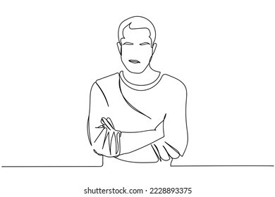 Continuous line art of a pensive looking young man. Serious and grumpy person. Goal oriented and focused guy.