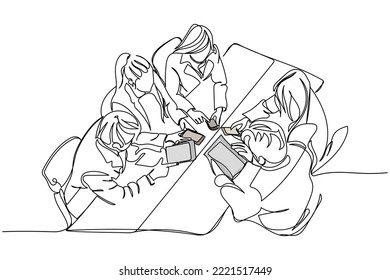 Continuous Line Art Of People In Meeting. Office People Concept Art. Smart Phone And Technology Influence In Daily Life Vector. Modern Ecosystem. Equal Human Rights. Women Empowerment. Office Table