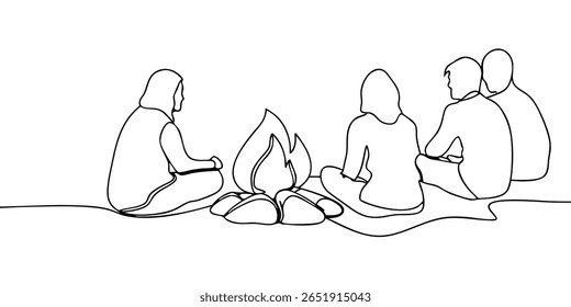 Continuous line art people sitting around a campfire with flames rocks in a minimalist style