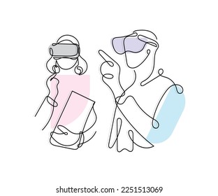 Continuous line art of people wearing Virtual reality headset. Artificial intelligence and future concept vectors.