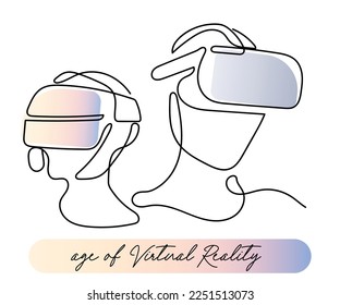 Continuous line art of people wearing Virtual reality headset. Artificial intelligence and future concept vectors.