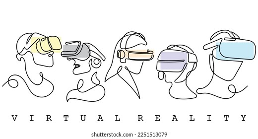 Continuous line art of people wearing Virtual reality headset. Artificial intelligence and future concept vectors.