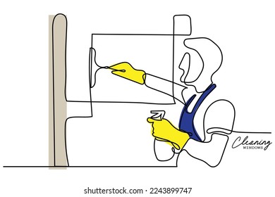 Continuous line art of a person cleaning indoors. Janitorial jobs. Cleaner working hard. Vector design. Isolated. concept art.