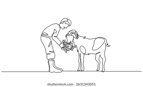  Continuous Line Art of Person Feeding Goat with Grass – Vector Illustration for Business, Farming, and Eid al-Adha
