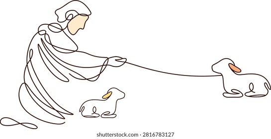 Continuous line art of a person feeding two small lambs.