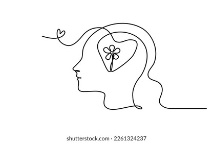 Continuous line art of a person with a flower inside human head and heart symbol, lineart vector illustration.