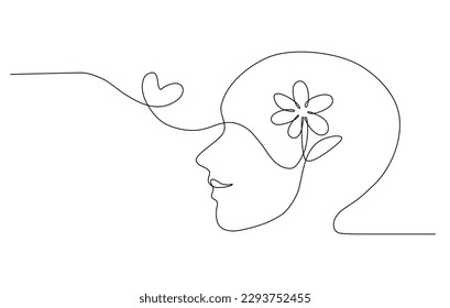 Arte de línea continua de una persona con una flor dentro de la cabeza humana y el símbolo cardíaco, ilustración del vector lineal.	