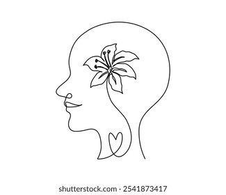 Continuous line art of a person with a flower inside human head and heart symbol, editable stroke.
