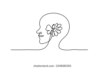 Continuous line art of a person with a flower and a butterfly inside human head, editable stroke.