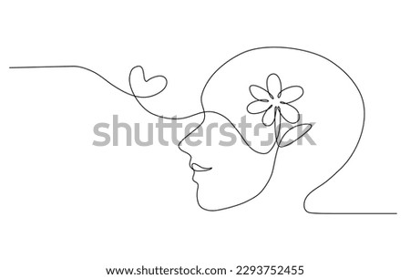Continuous line art of a person with a flower inside human head and heart symbol, lineart vector illustration.	