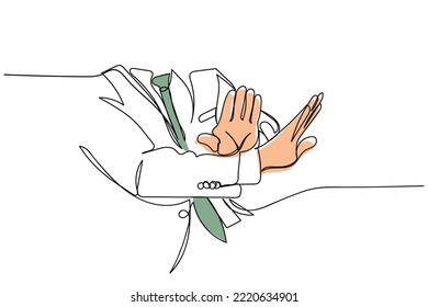 Continuous line art of a person with hand gestures indicating dispute. Unacceptable. Stand against injustice. Bribery in corporate setting. Honest official. Deny illegal demands concept art. Hands. svg