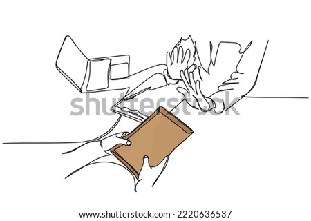 Continuous line art of a person with hand gestures indicating dispute and refusal. Unacceptable. Injustice. Financial. Bribery in corporate setting. Honest official. Decline corruption. Incorruptible.