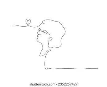 Continuous line art of a person with heart symbol, self love concept. Lineart vector illustration.