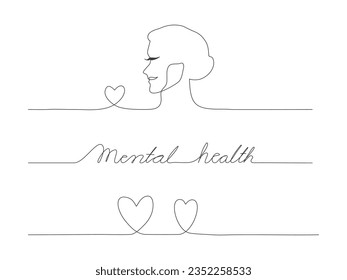 Continuous line art of a person with heart symbol and mental health hand lettering, lineart vector illustration.