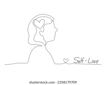 Continuous line art of a person with heart symbol and self love text, lineart vector illustration.