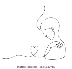 Continuous line art of a person with heart symbol in mental health concept, editable stroke.	