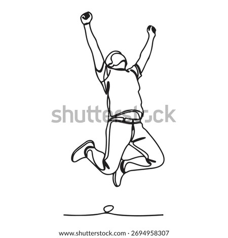 Continuous line art of a person leaping with happiness. This minimalist illustration conveys concepts of victory, achievement, and pure joy.