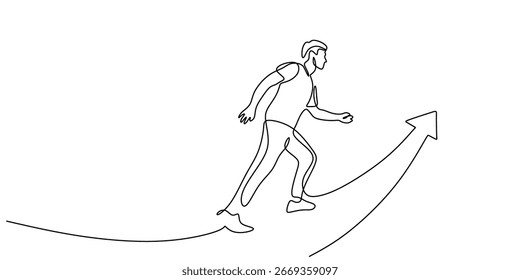 Linha contínua arte de uma pessoa em uma viagem. Um desenho abstrato minimalista de seta de sucesso e objetivo ou ambição de carreira. Ilustração de vetor minimalista com traçado editável.