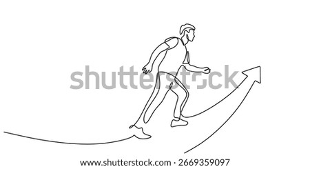 Continuous line art of a person on a journey. A minimalist abstract drawing of success arrow and career goal or ambition. Minimalist vector illustration with editable stroke.