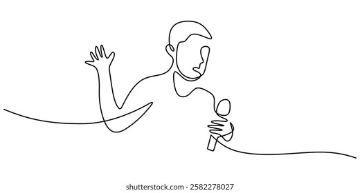 Continuous line art of a person speaking into a microphone. Symbolizes expression, media, or broadcasting. Vector illustration hand drawn.