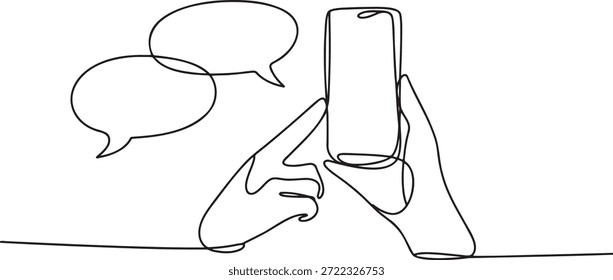 Linha de arte contínua de pessoa usando o telefone celular para comunicação. Mão segurando dispositivo digital com bate-papo bolhas ícone. Ilustração vetorial minimalista de mensagens de mídia social e conversação online. Conceito de tecnologia de linha única para marketing digital e web design em fundo transparente.