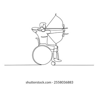 Continuous line art of a person in a wheelchair aiming a bow and arrow, representing adaptive sports, resilience, and the spirit of inclusion in minimalistic artistic style.