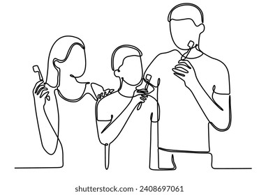 
el arte continuo de la higiene personal. Familia feliz con cepillos de dientes en el baño. Simple vector plano.