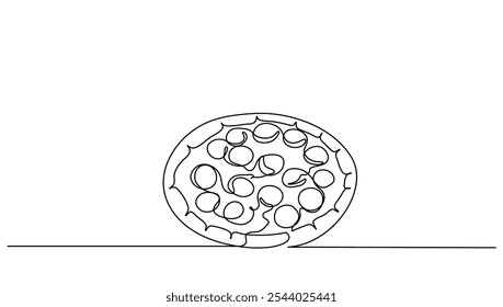 Linha contínua de arte de pizza com salsicha de cobertura de queijo derretido para ilustração vetorial. Comida conceitual, ilustração de fast food, comida de rua, restaurante, negócios