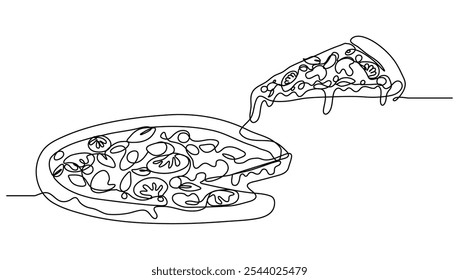 Arte de linha contínua de pizza e fatia com cobertura de queijo derretido para ilustração vetorial. Concept food, ilustração de fast food, comida, restaurante, empresa de alimentos
