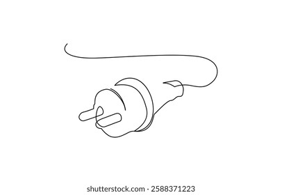Continuous line art plug energy power storage electric rechargeable supply, One continuous line drawing of plug inserting into electric outlet. Power socket energy disconnect in simple linear style.
