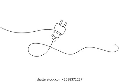 Continuous line art plug energy power storage electric rechargeable supply, One continuous line drawing of plug inserting into electric outlet. Power socket energy disconnect in simple linear style.