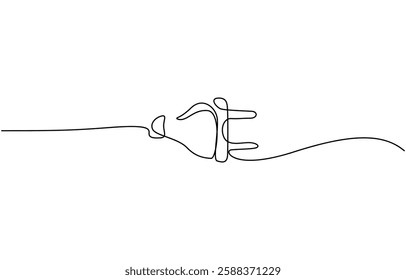 Continuous line art plug energy power storage electric rechargeable supply, One continuous line drawing of plug inserting into electric outlet. Power socket energy disconnect in simple linear style.
