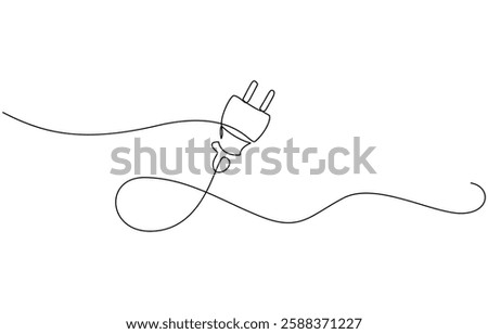 Continuous line art plug energy power storage electric rechargeable supply, One continuous line drawing of plug inserting into electric outlet. Power socket energy disconnect in simple linear style.