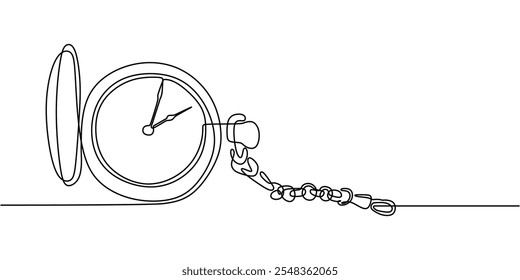 Arte de línea continua de un reloj de bolsillo y cadena, que simboliza el tiempo, la tradición y la elegancia vintage. Representación artística minimalista.