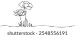 Continuous Line Art Poppy Flowers and Grass Doodle Border in Minimalist Black Design, illustration on white background, Poppy, Remembrance Day or Veterans Day Continuous Line Drawing with Editable
