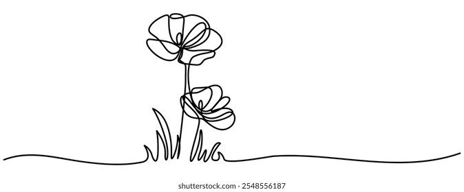 Arte de línea continua Flores de amapola y borde de pasto Doodle en diseño negro minimalista, ilustración sobre fondo blanco, amapola, día del recuerdo o día de los veteranos Dibujo de línea continua con editable