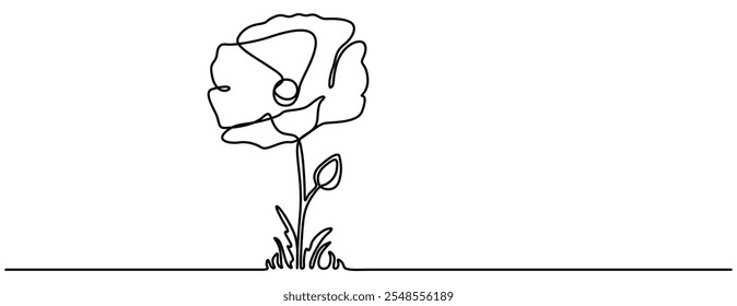 Arte de línea continua Flores de amapola y borde de pasto Doodle en diseño negro minimalista, ilustración sobre fondo blanco, amapola, día del recuerdo o día de los veteranos Dibujo de línea continua con editable