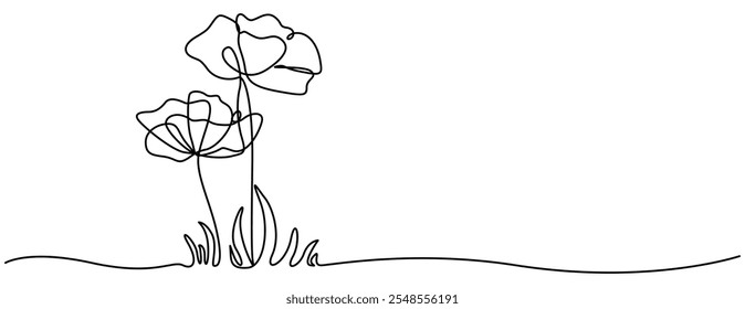 Arte de línea continua Flores de amapola y borde de pasto Doodle en diseño negro minimalista, ilustración sobre fondo blanco, amapola, día del recuerdo o día de los veteranos Dibujo de línea continua con editable