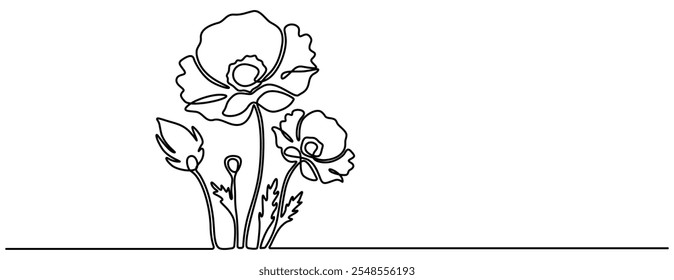 Arte de línea continua Flores de amapola y borde de pasto Doodle en diseño negro minimalista, ilustración sobre fondo blanco, amapola, día del recuerdo o día de los veteranos Dibujo de línea continua con editable