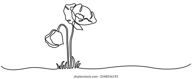 Arte de línea continua Flores de amapola y borde de pasto Doodle en diseño negro minimalista, ilustración sobre fondo blanco, amapola, día del recuerdo o día de los veteranos Dibujo de línea continua con editable