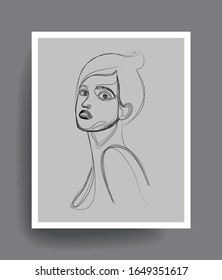 Continuous line art portrait of woman face. Line art painting for wall graphics, print, t shirt, beauty and fashion concept.