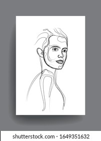 Continuous line art portrait of woman face. Line art painting for wall graphics, print, t shirt, beauty and fashion concept.