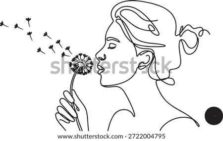 Continuous line art portrait young woman gently blowing seeds off dandelion flower symbolizing wishes dreams fragility nature sketch