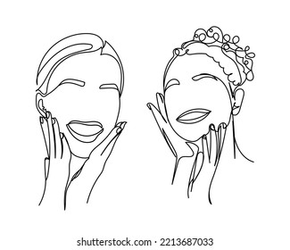 Continuous Line Art Portrait.Skin Care. Woman With Beauty Face Touching Healthy Facial Skin Art. Beautiful Smiling Girl Model With Natural Glowing Hydrated Skin. Isolated. Winter And Dry Skin Care